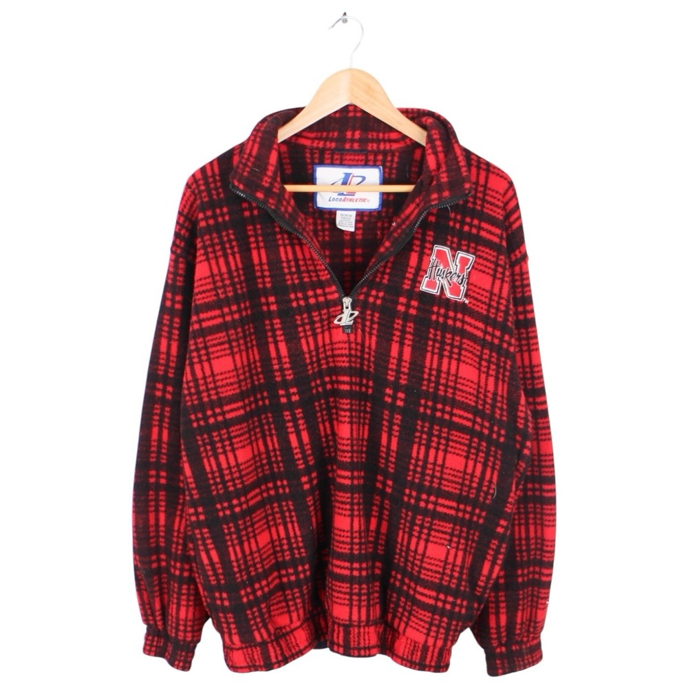 Vintage Logo Athletic Nebraska Huskers Plaid Fleece Quarter Zip Pullover Medium